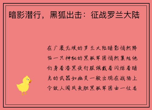 暗影潜行，黑狐出击：征战罗兰大陆